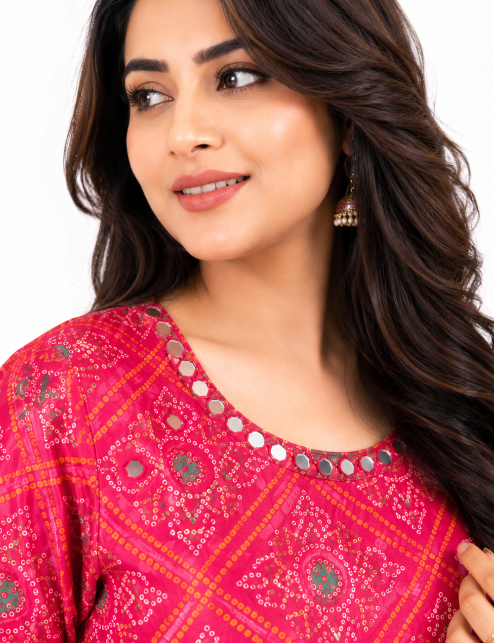 Pink Gaji Silk Mirror Work Kurti