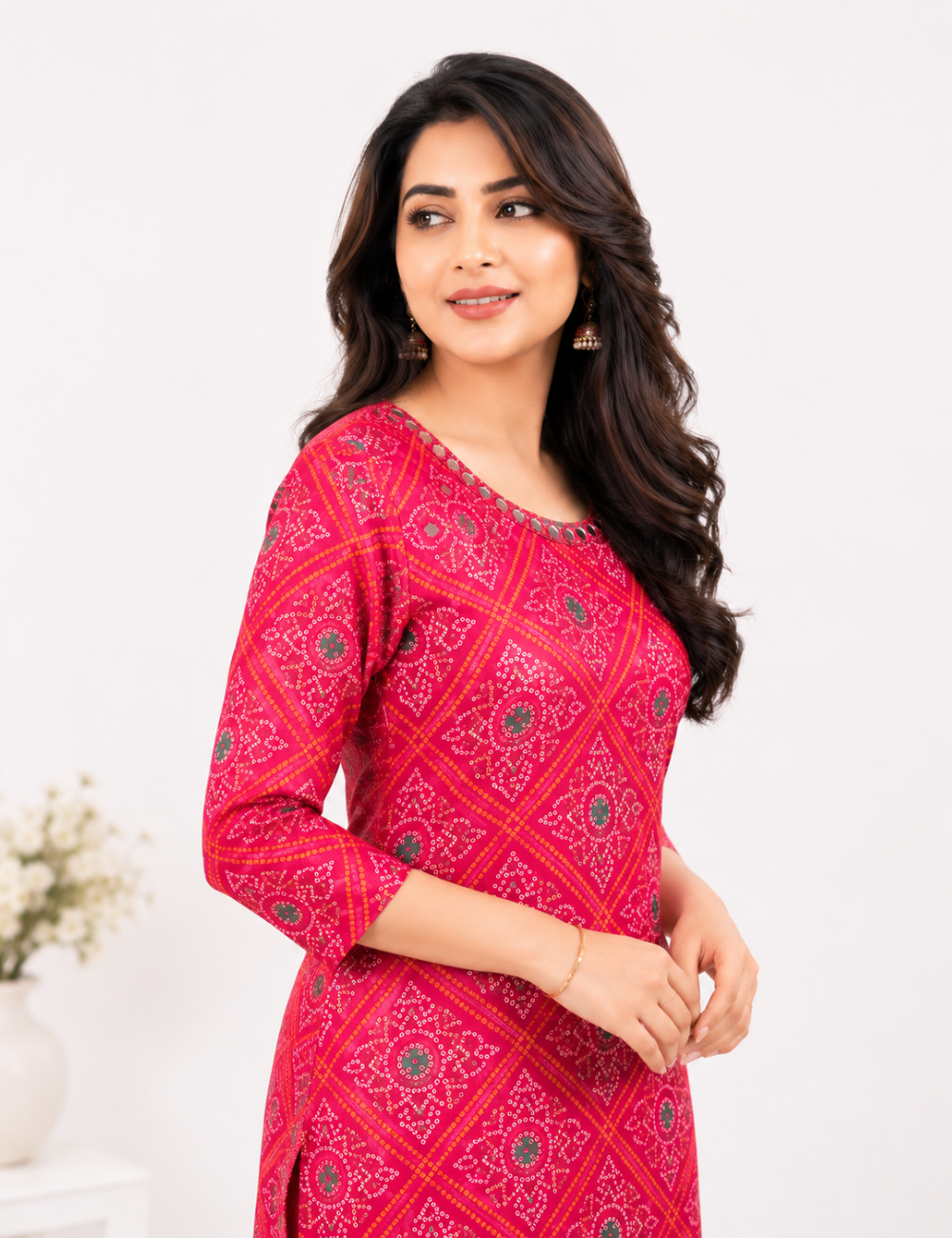 Pink Gaji Silk Mirror Work Kurti