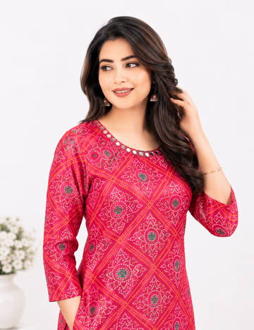 Pink Gaji Silk Mirror Work Kurti