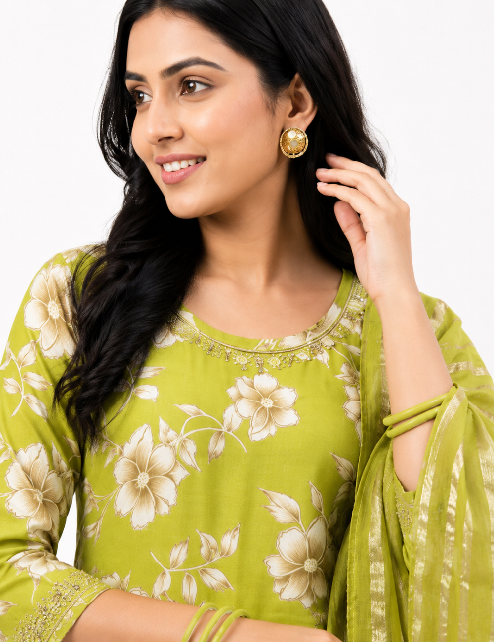 Light Green Mirror Work Roman Silk Suit Set