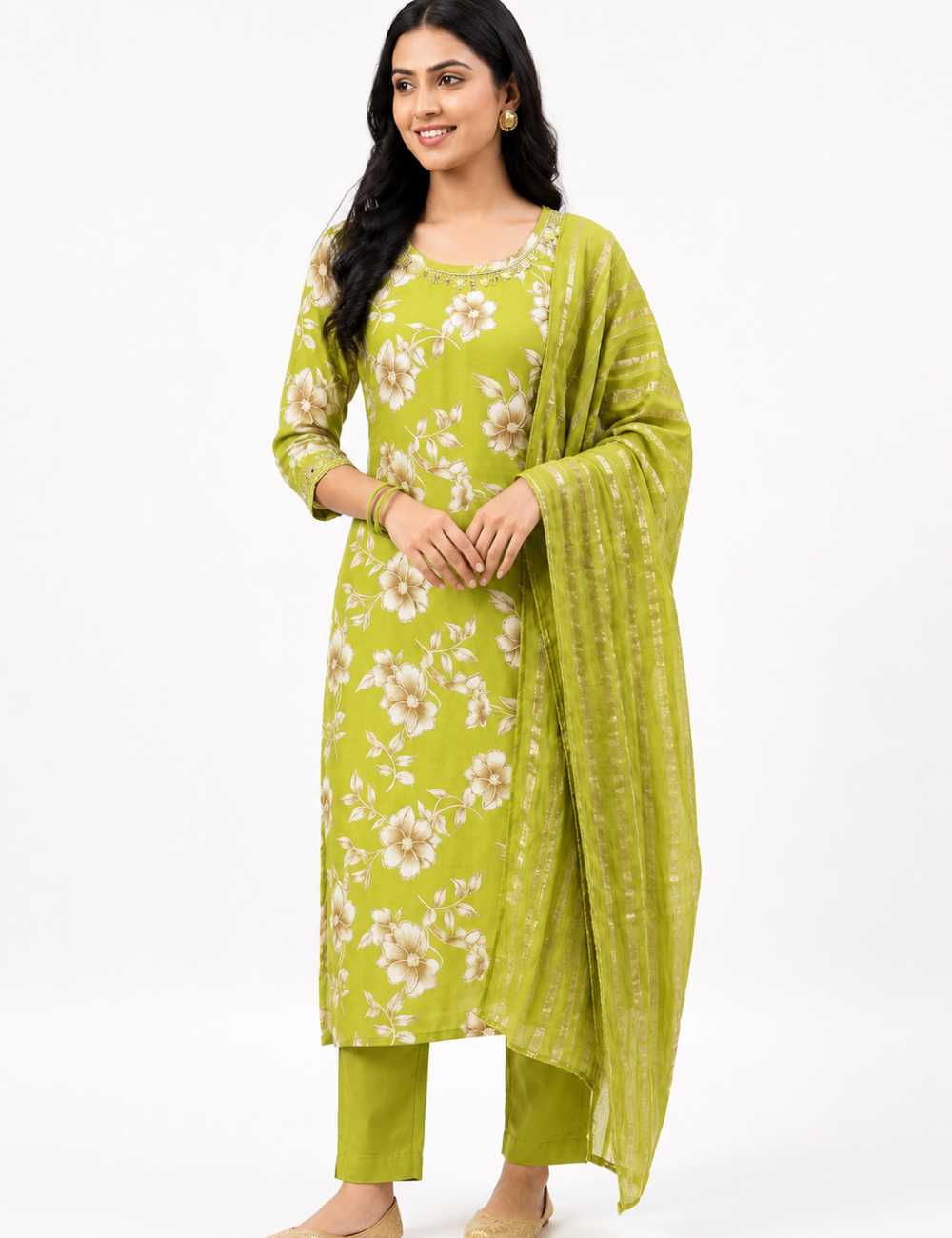 Light Green Mirror Work Roman Silk Suit Set