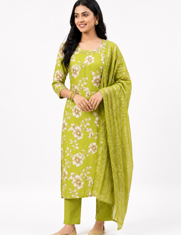 Light Green Mirror Work Roman Silk Suit Set
