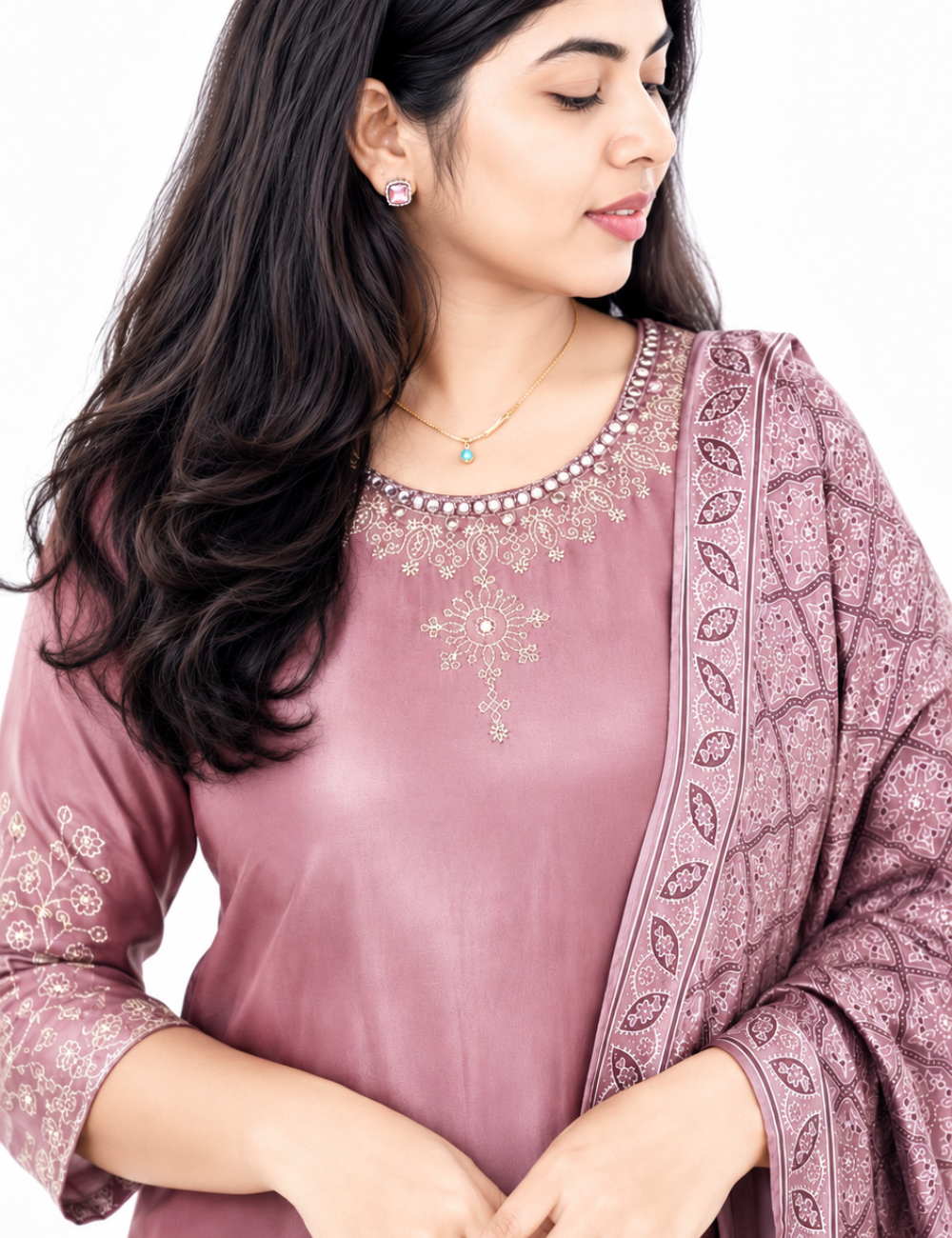 Dusty Rose Gaji Silk Embroidery Suit Set