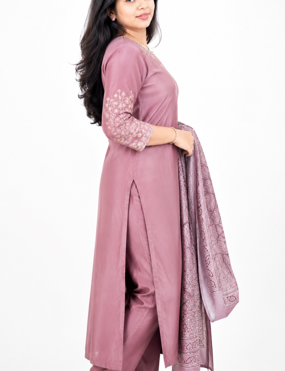 Dusty Rose Gaji Silk Embroidery Suit Set