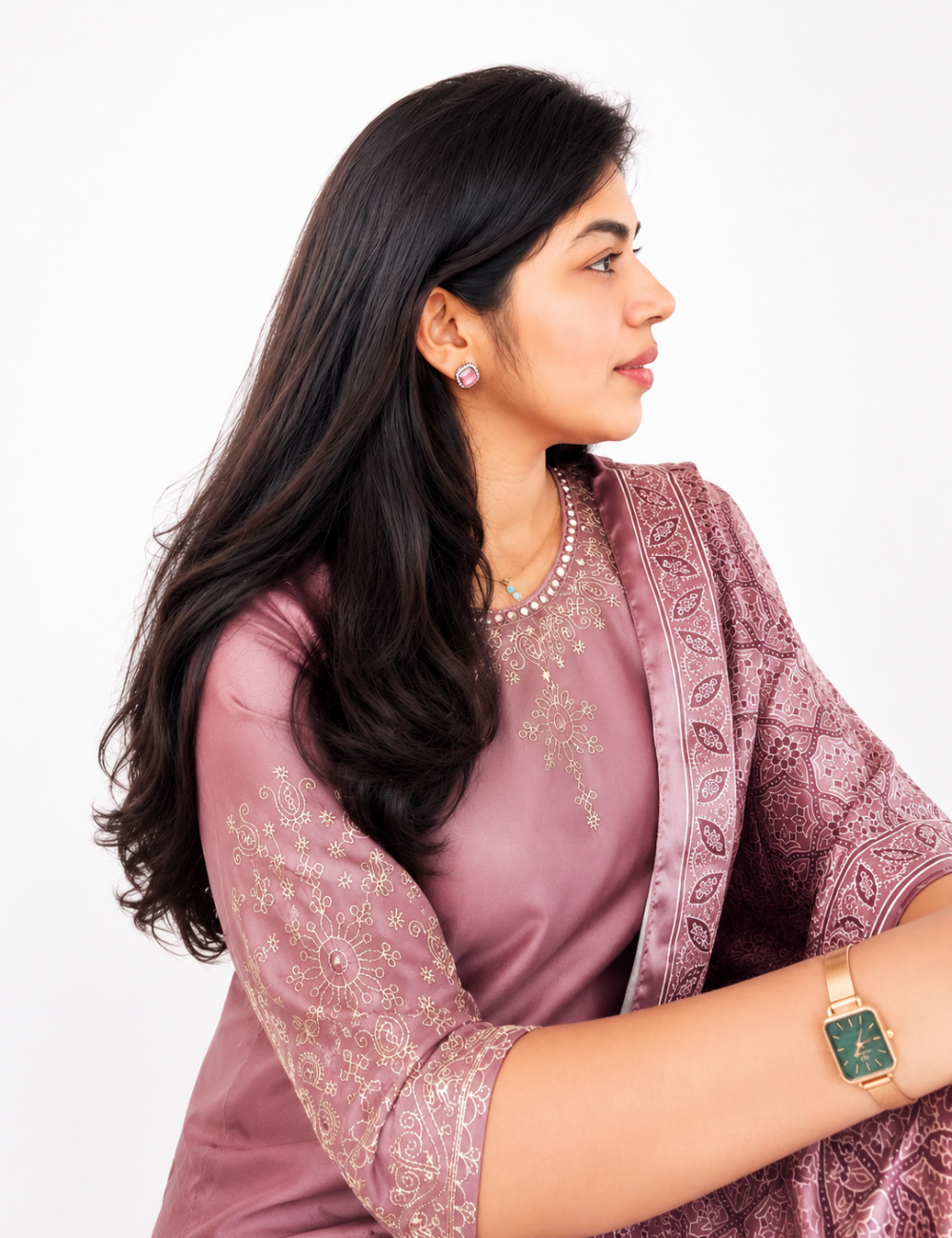 Dusty Rose Gaji Silk Embroidery Suit Set