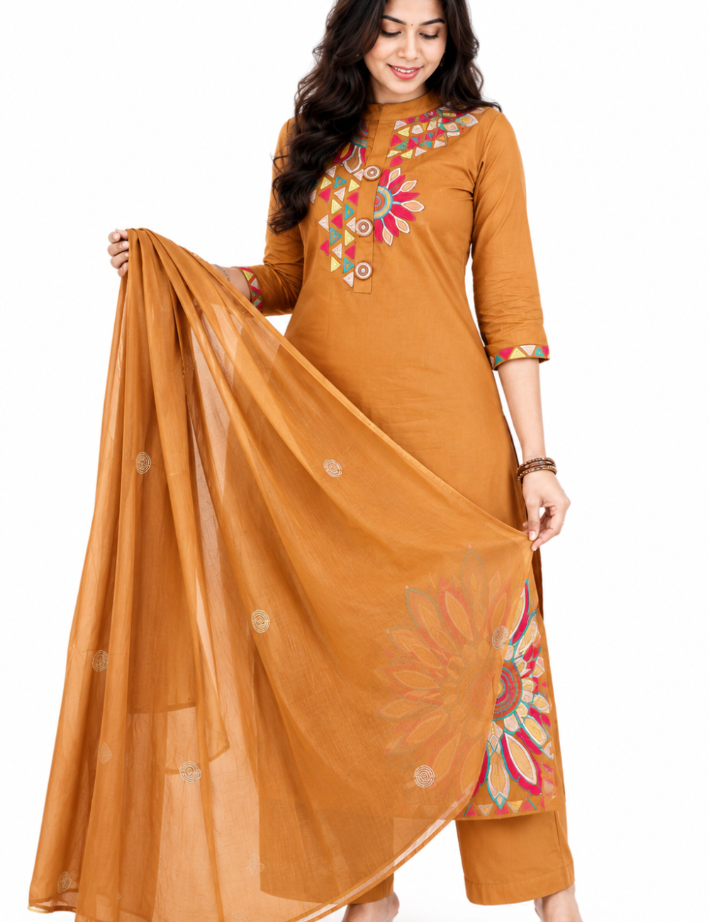 Light Brown Embroidered Cotton Suit Set