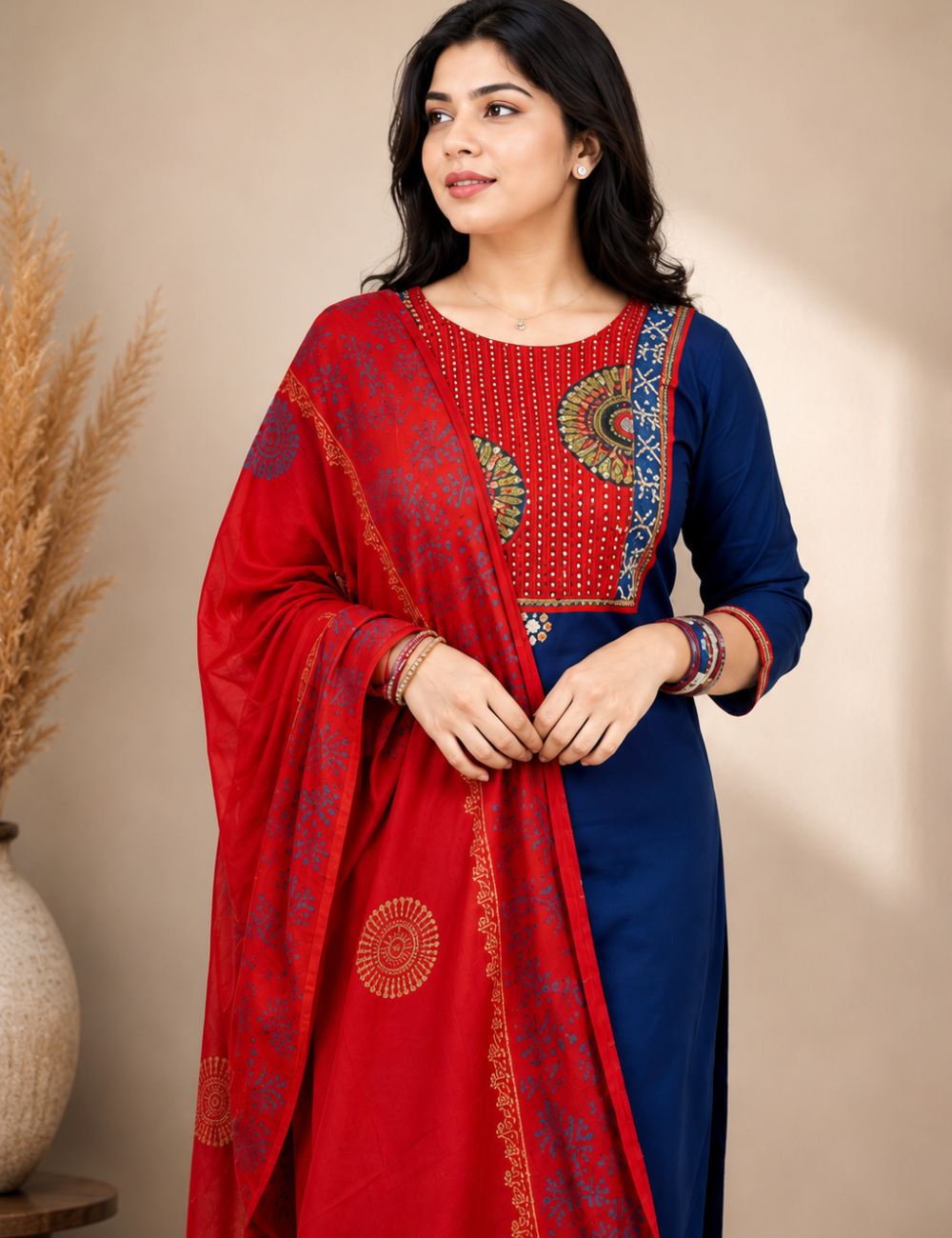 Blue and Red Gamthi Cotton Suit Set