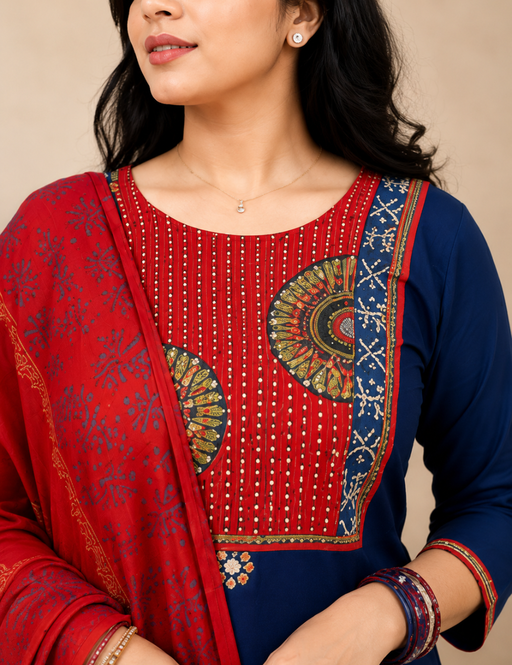 Blue and Red Gamthi Cotton Suit Set