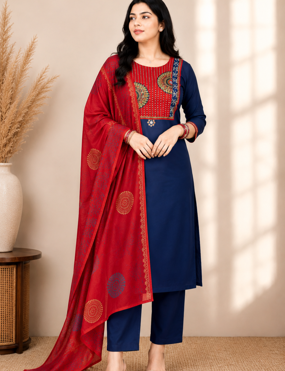 Blue and Red Gamthi Cotton Suit Set