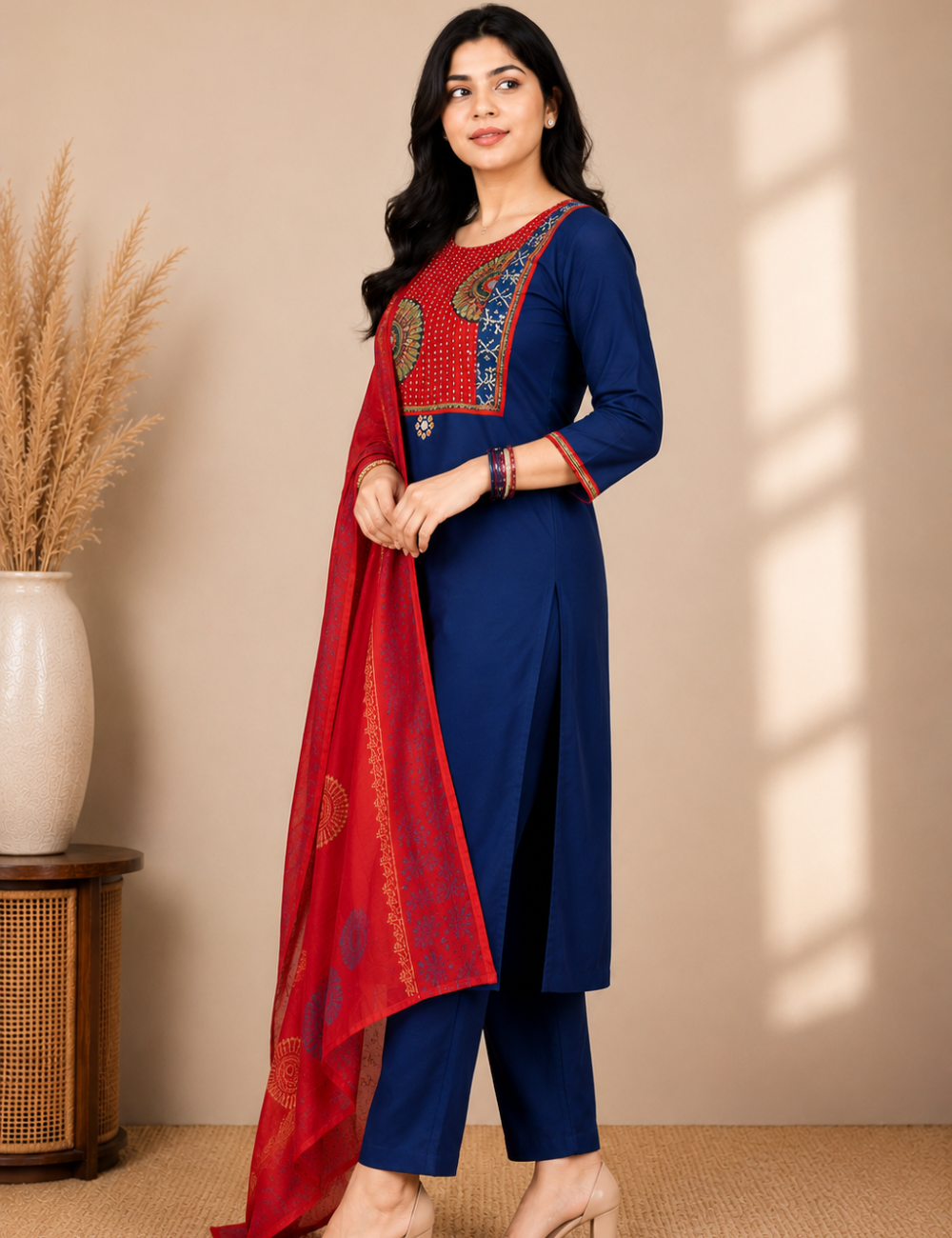 Blue and Red Gamthi Cotton Suit Set