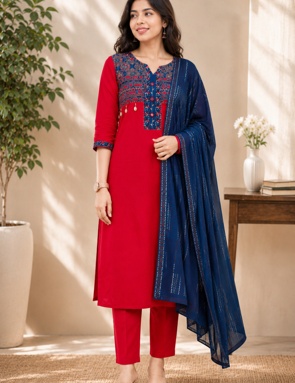 Red and Blue  Mirror Work Cotton Suit Set