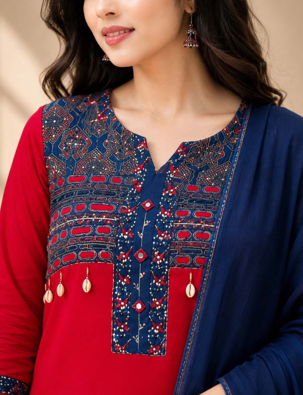 Red and Blue  Mirror Work Cotton Suit Set