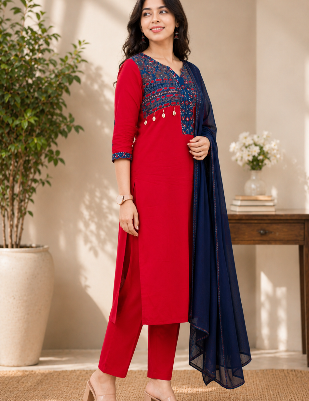 Red and Blue  Mirror Work Cotton Suit Set