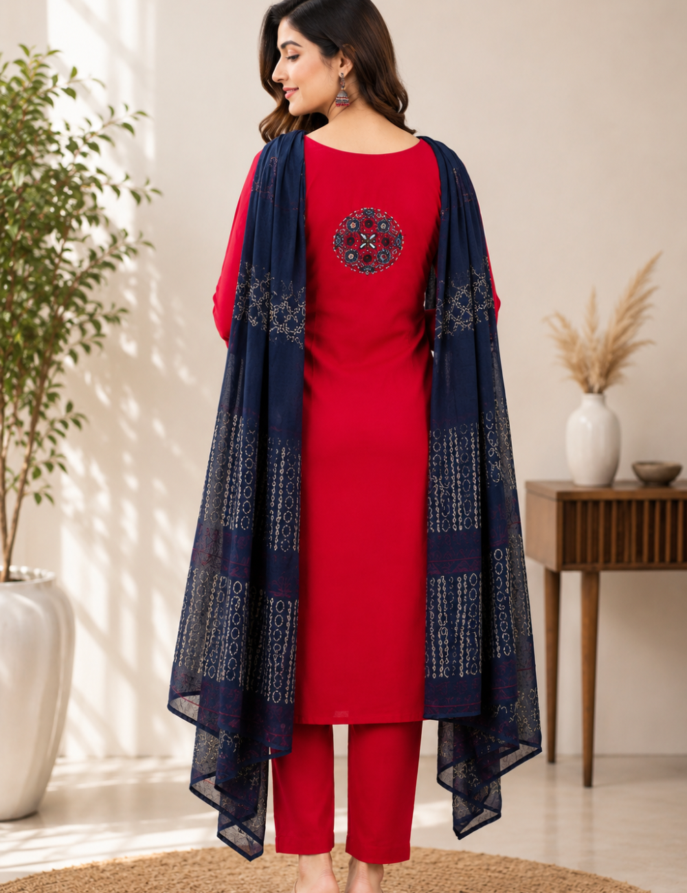 Red and Blue  Mirror Work Cotton Suit Set
