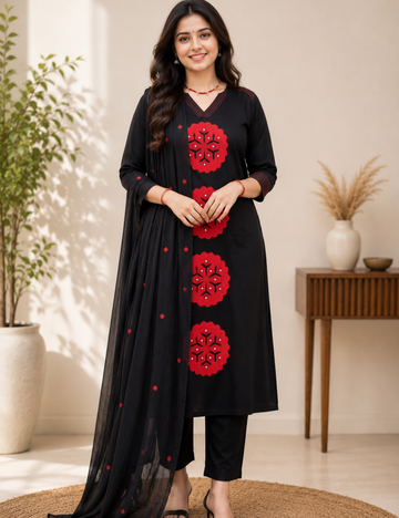 Black Applique Work Cotton Suit Set