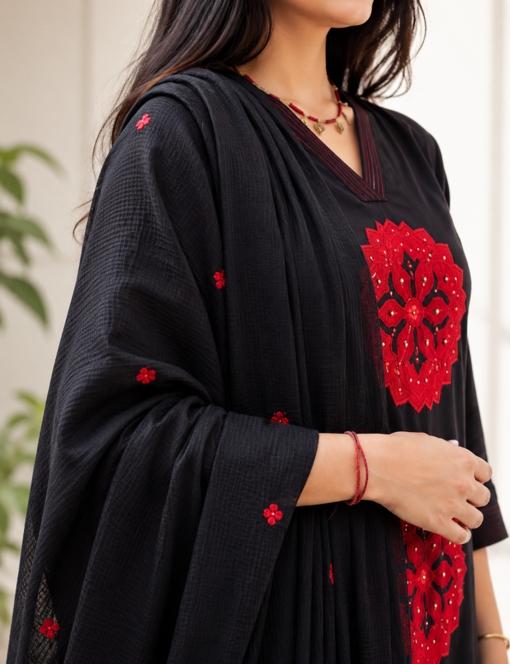 Black Applique Work Cotton Suit Set