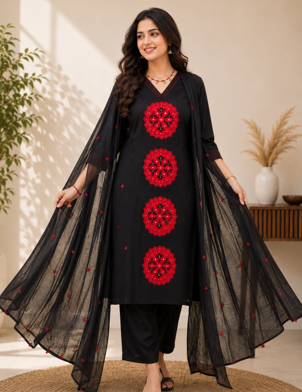 Black Applique Work Cotton Suit Set