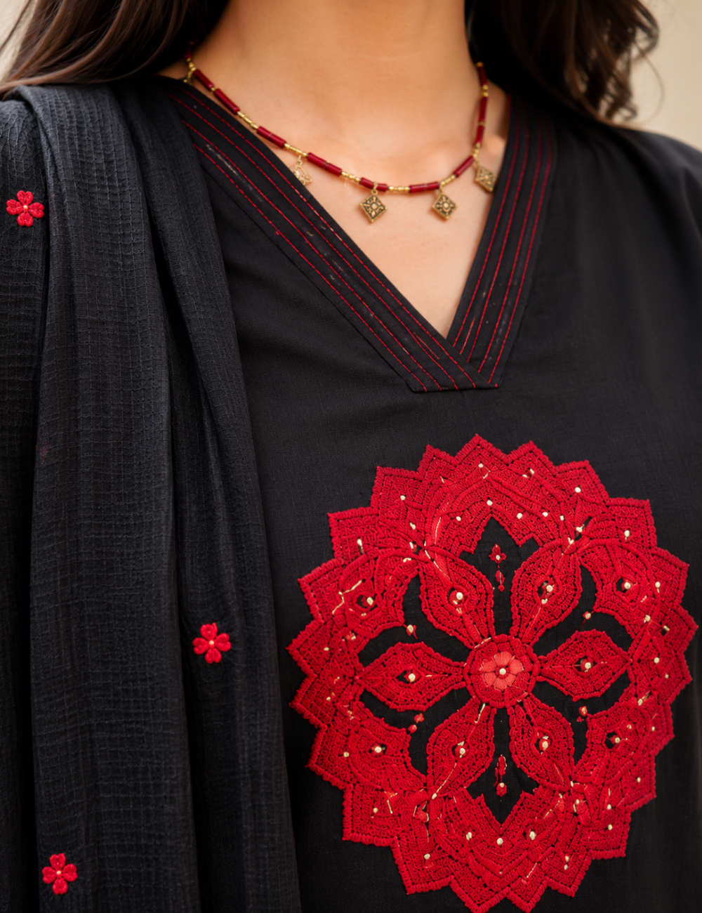 Black Applique Work Cotton Suit Set