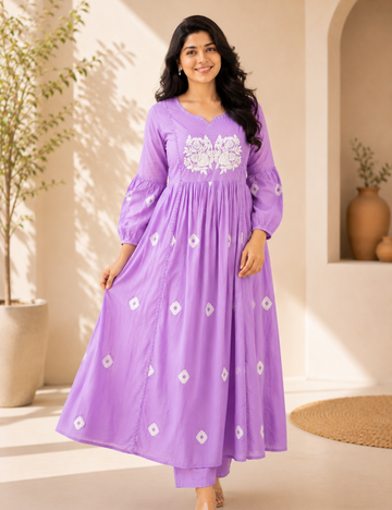 Lavender Cotton Co Ord Set with Yoke Embroidery