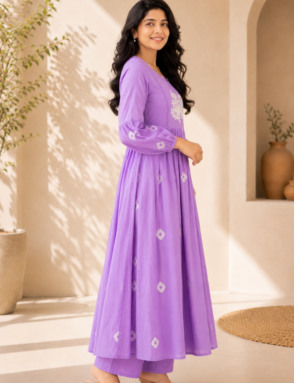 Lavender Cotton Co Ord Set with Yoke Embroidery