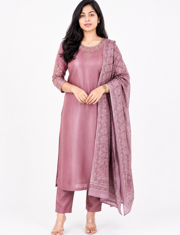 Dusty Rose Gaji Silk Embroidery Suit Set
