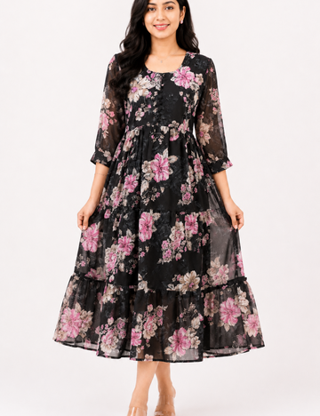 Georgette Floral Frock Black