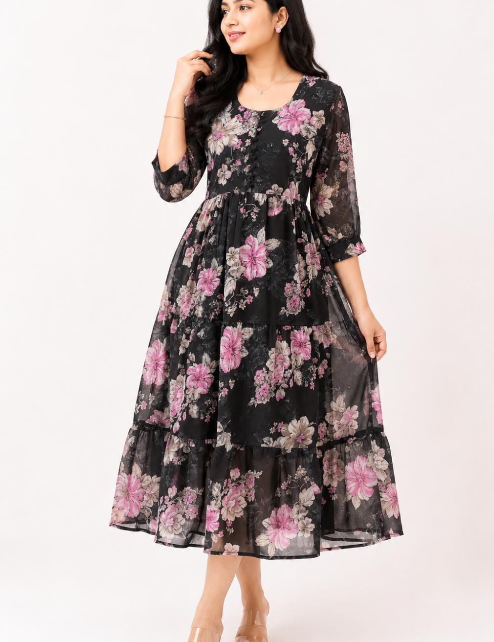 Georgette Floral Frock Black