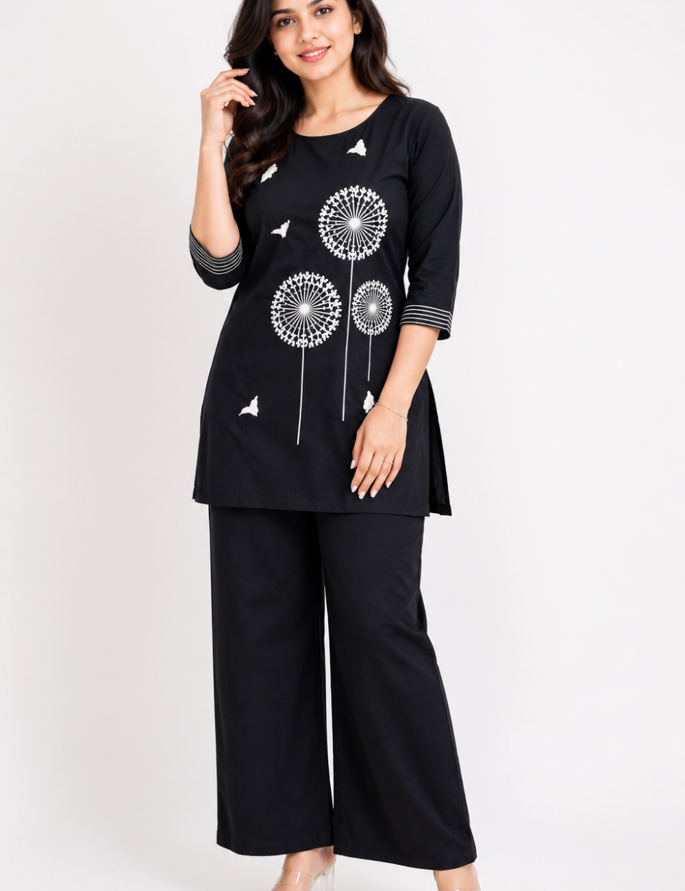 Black Cotton Coord Set With Embroidery (Short)