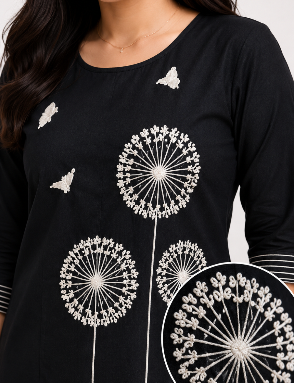 Black Cotton Coord Set With Embroidery (Short)