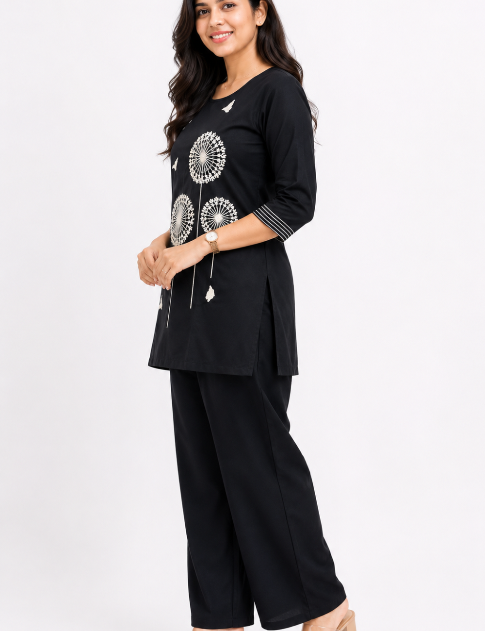 Black Cotton Coord Set With Embroidery (Short)