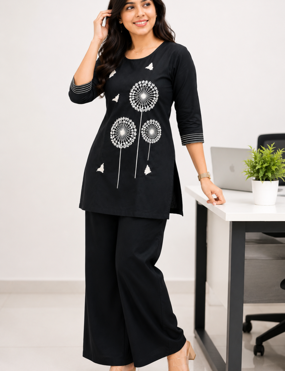 Black Cotton Coord Set With Embroidery (Short)