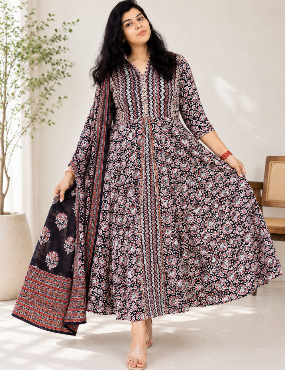 Black Zig Zag Anarakali Cotton Suit Set