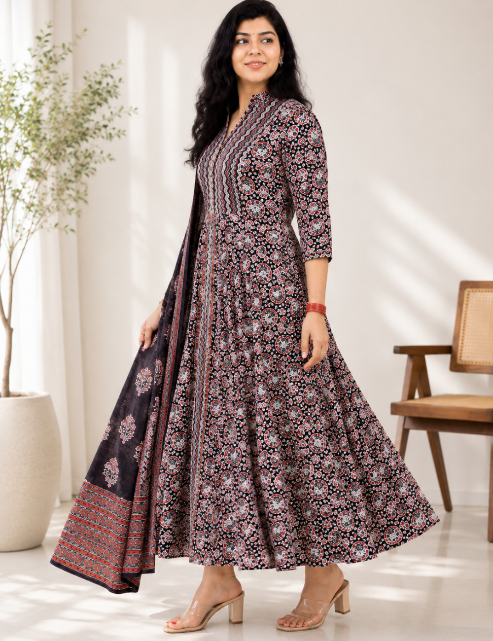 Black Zig Zag Anarakali Cotton Suit Set