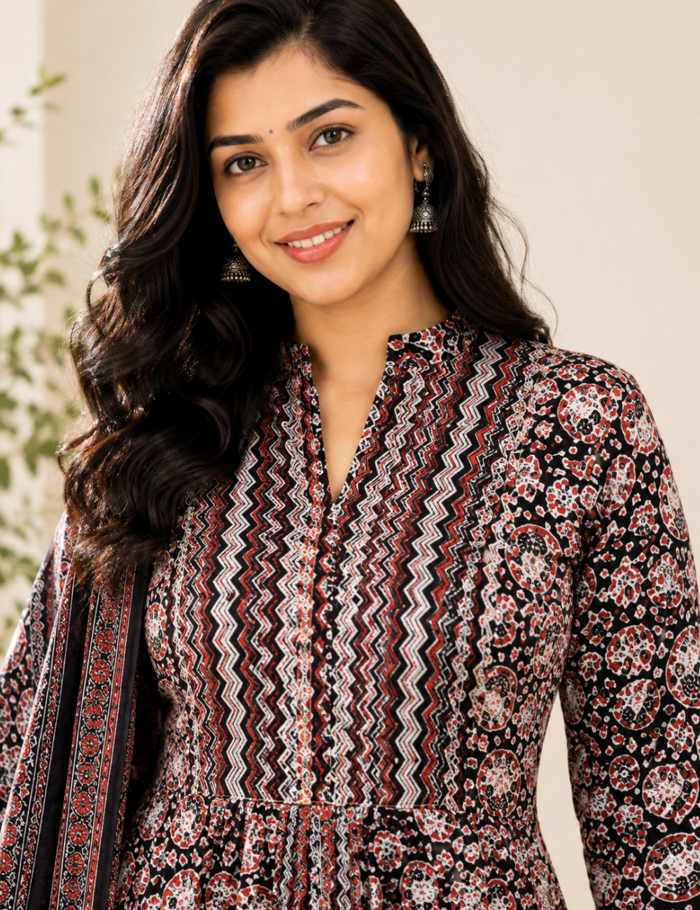 Black Zig Zag Anarakali Cotton Suit Set