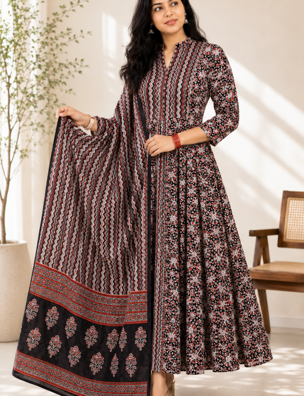 Black Zig Zag Anarakali Cotton Suit Set