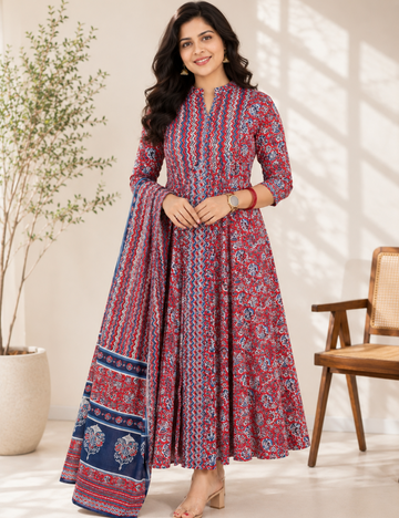 Red Zig Zag Anarkali Cotton Suit Set