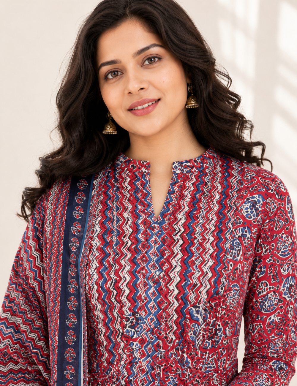 Red Zig Zag Anarkali Cotton Suit Set
