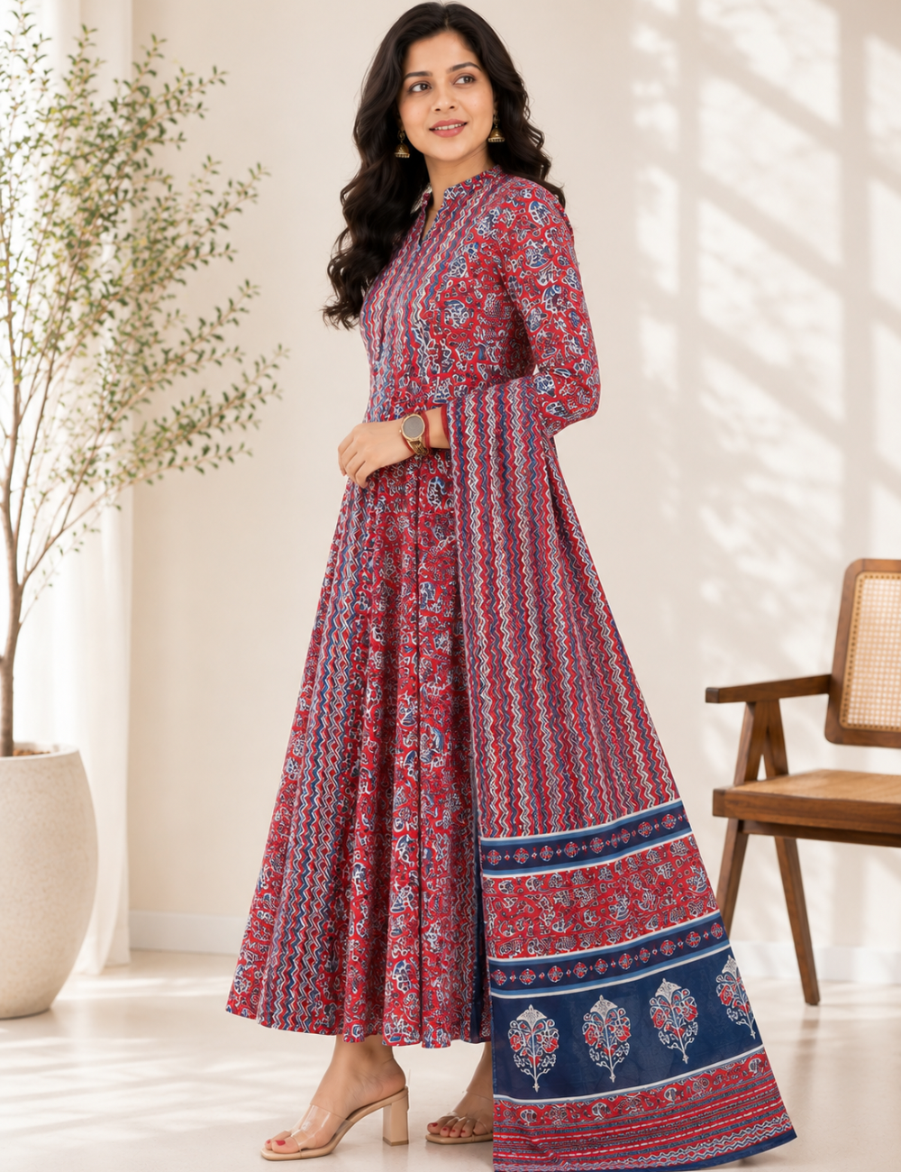 Red Zig Zag Anarkali Cotton Suit Set