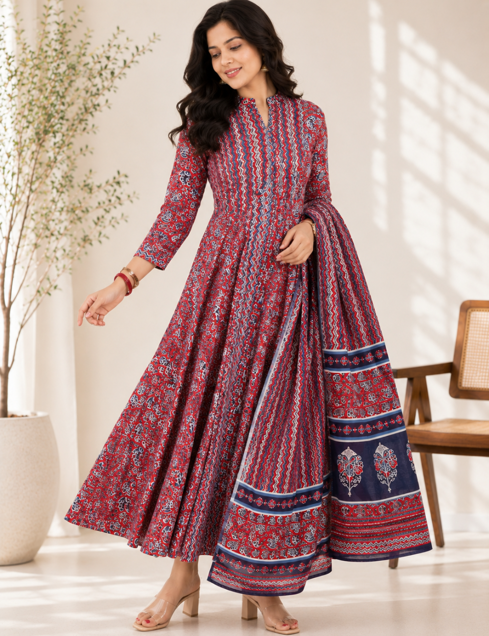 Red Zig Zag Anarkali Cotton Suit Set