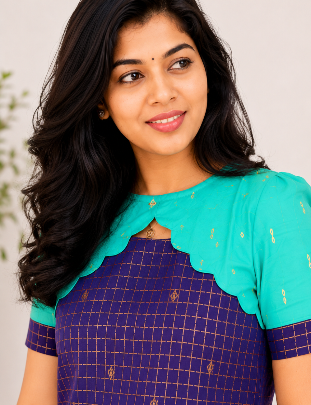 Dark Blue With Teal Green Raw Silk Kurti