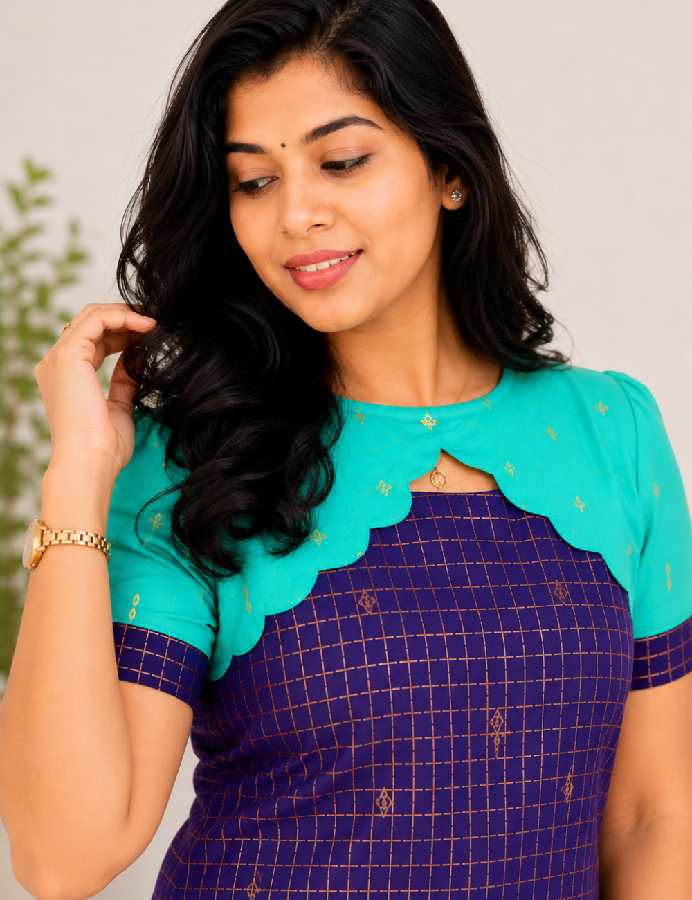 Dark Blue With Teal Green Raw Silk Kurti