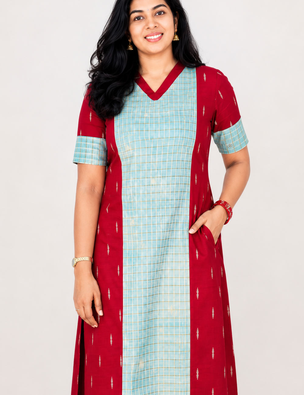 Maroon and Pastel Green Raw Silk Kurti