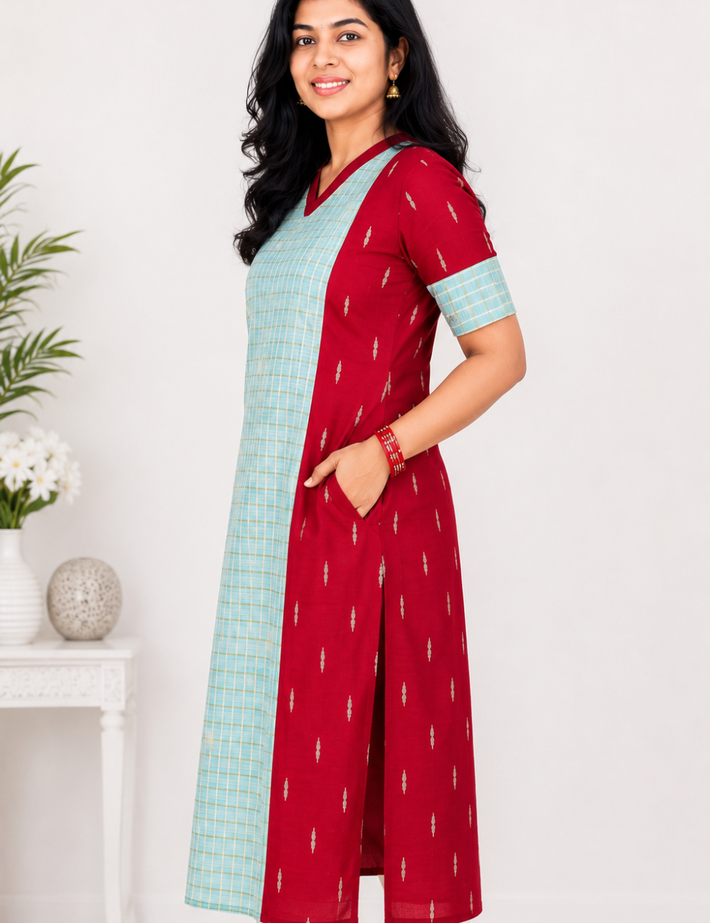 Maroon and Pastel Green Raw Silk Kurti
