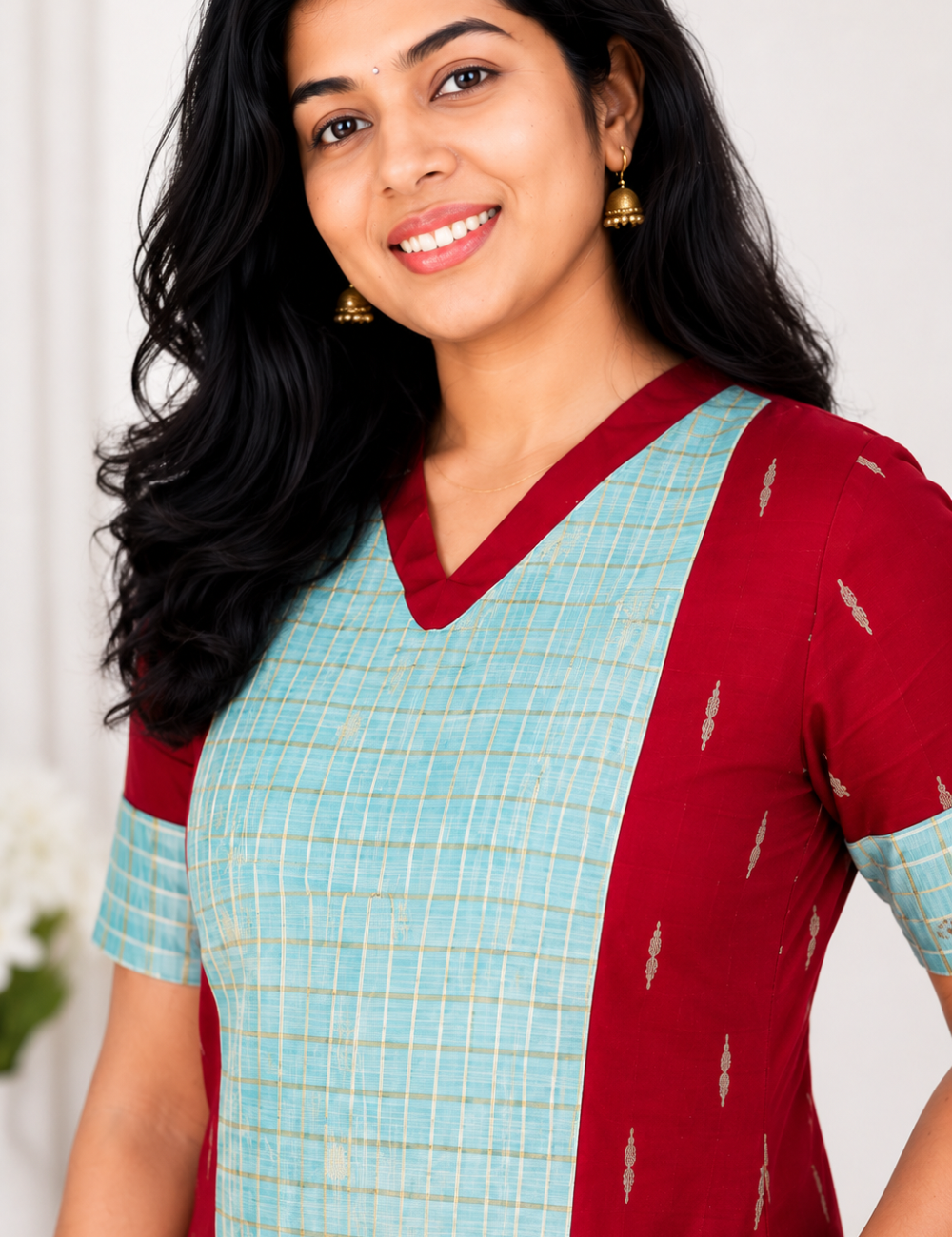 Maroon and Pastel Green Raw Silk Kurti