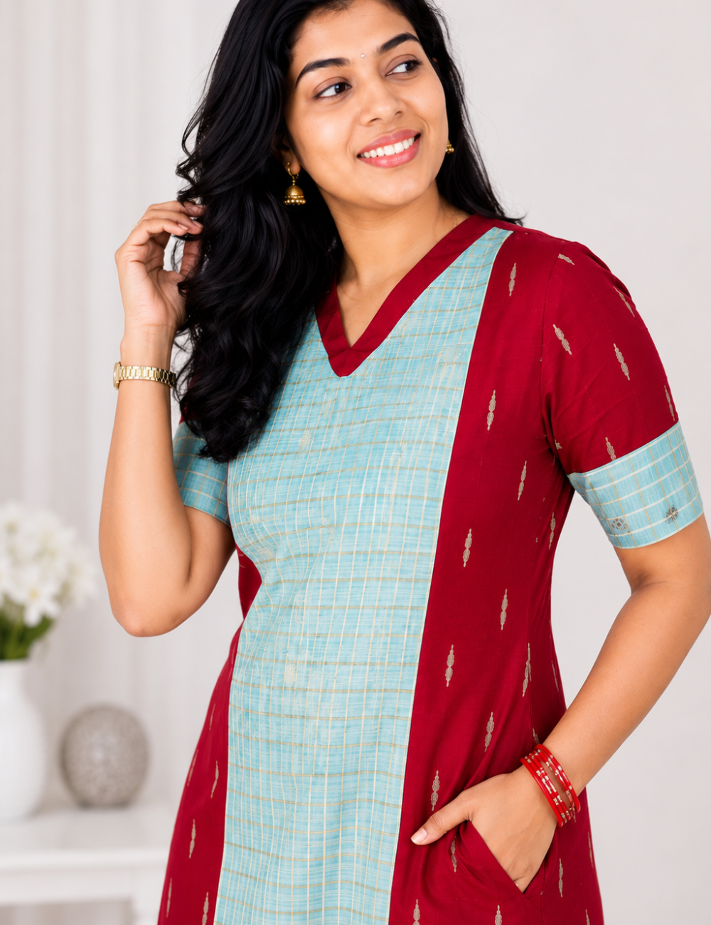 Maroon and Pastel Green Raw Silk Kurti