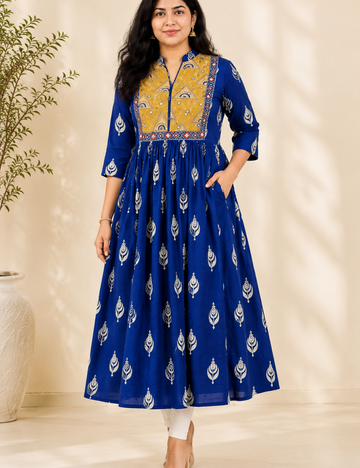 Blue With Yoke Patch Work and Mirror Work Cotton Anarkali Kurti