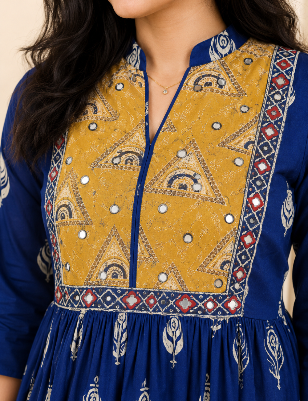 Blue With Yoke Patch Work and Mirror Work Cotton Anarkali Kurti
