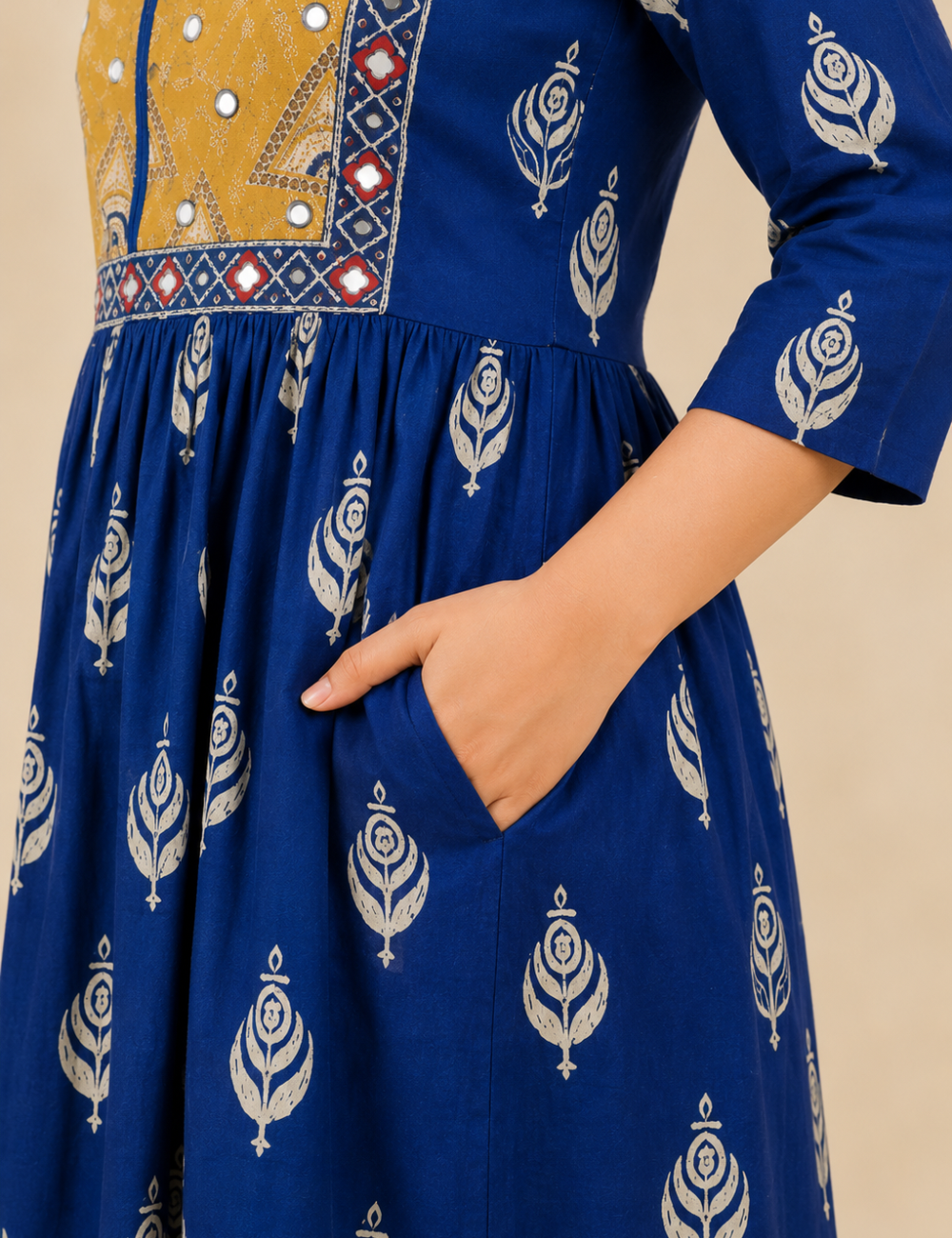 Blue With Yoke Patch Work and Mirror Work Cotton Anarkali Kurti