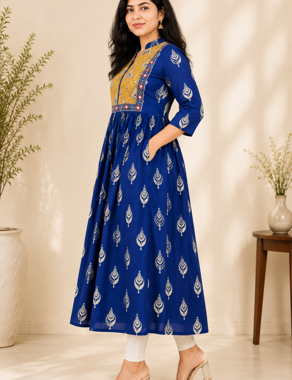 Blue With Yoke Patch Work and Mirror Work Cotton Anarkali Kurti