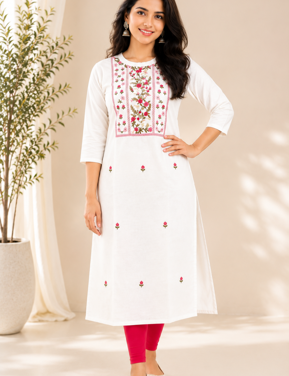 White Hand Embroidered Mul Cotton Kurti